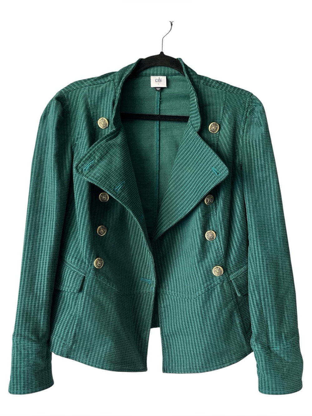 CAbi Green Double-Breasted Striped Military-Style Blazer Jacket S